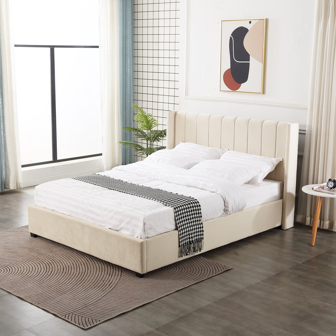 Experience Ultimate Comfort and Timeless Elegance with the Beige Flannel Queen Size Bed Frame