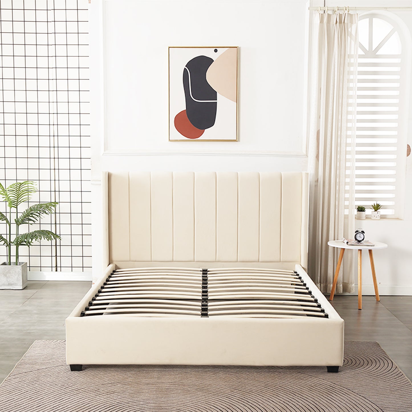 Beige Velve Queen Size Bed - PEIYITAO FURNITURE 