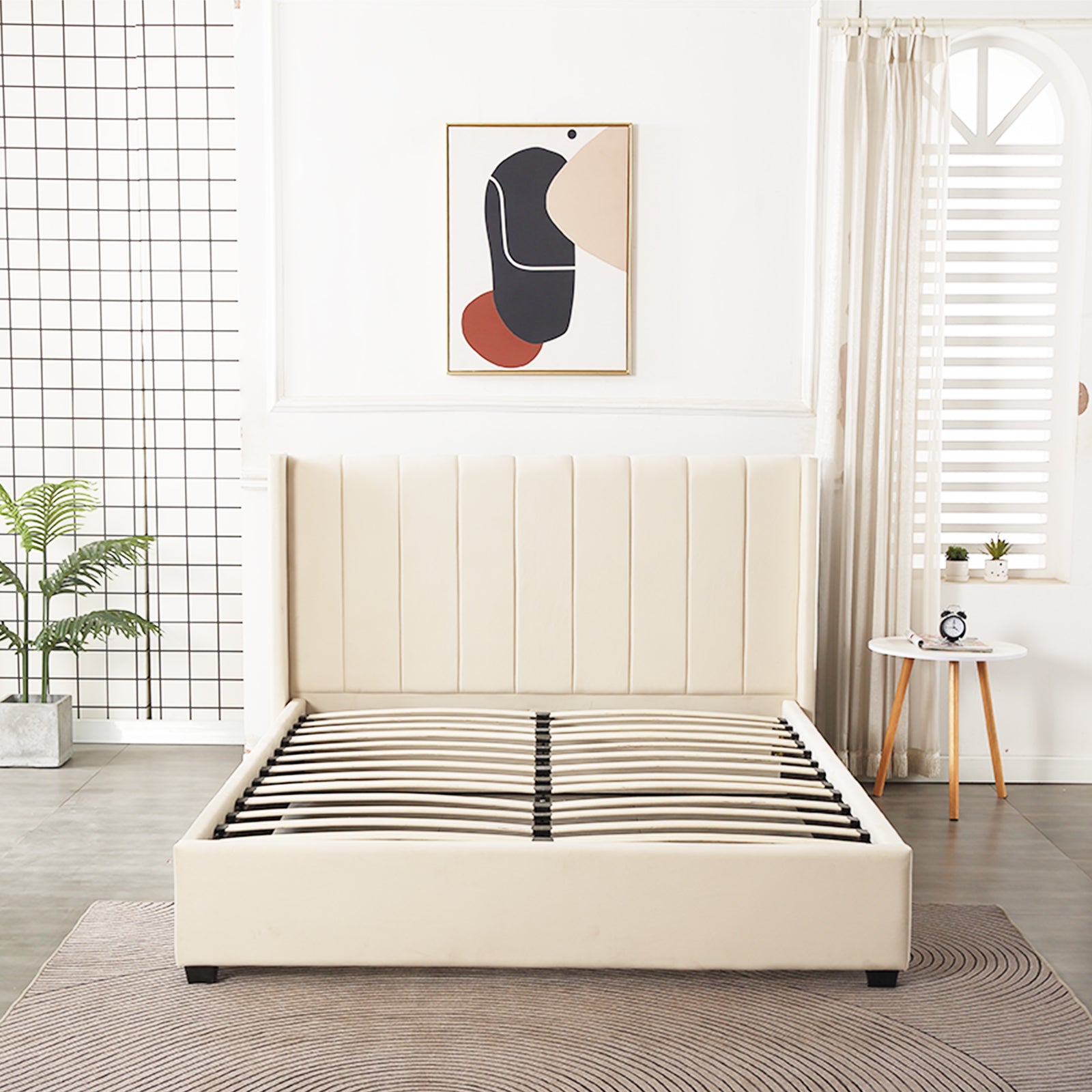 Beige Velve Queen Size Bed - PEIYITAO FURNITURE 