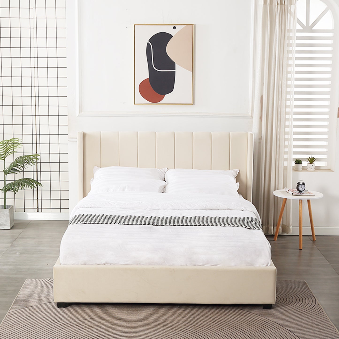 Beige Velve Queen Size Bed - PEIYITAO FURNITURE 