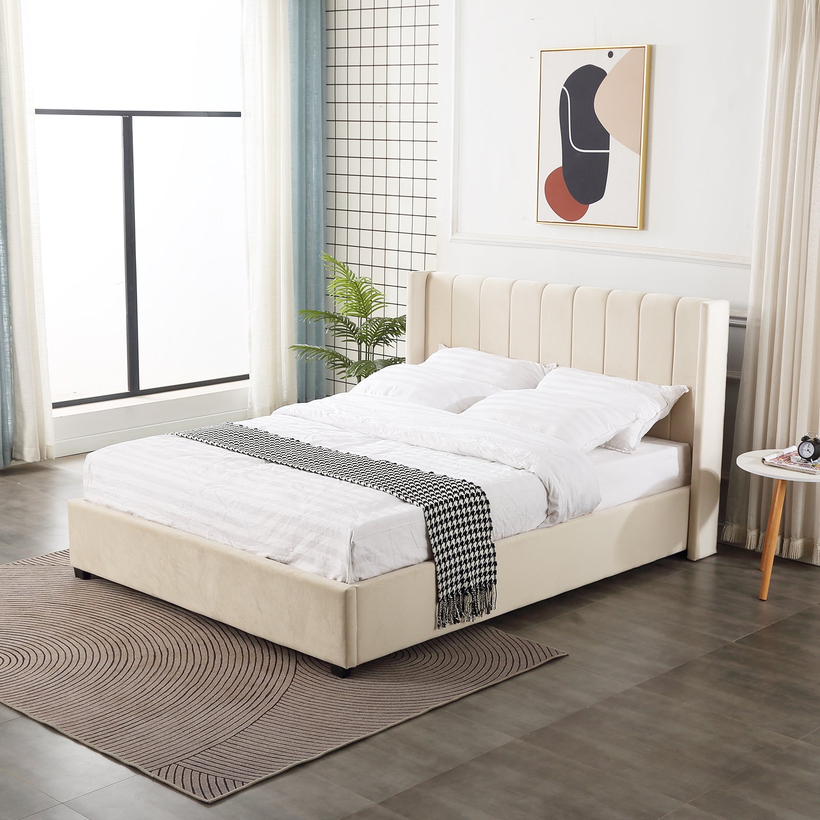 Beige Velve Queen Size Bed - PEIYITAO FURNITURE 